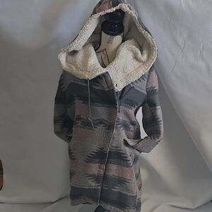 Women's Patterned Asymmetrical Wool Coat with Sherpra Collar & Over Sized Hood